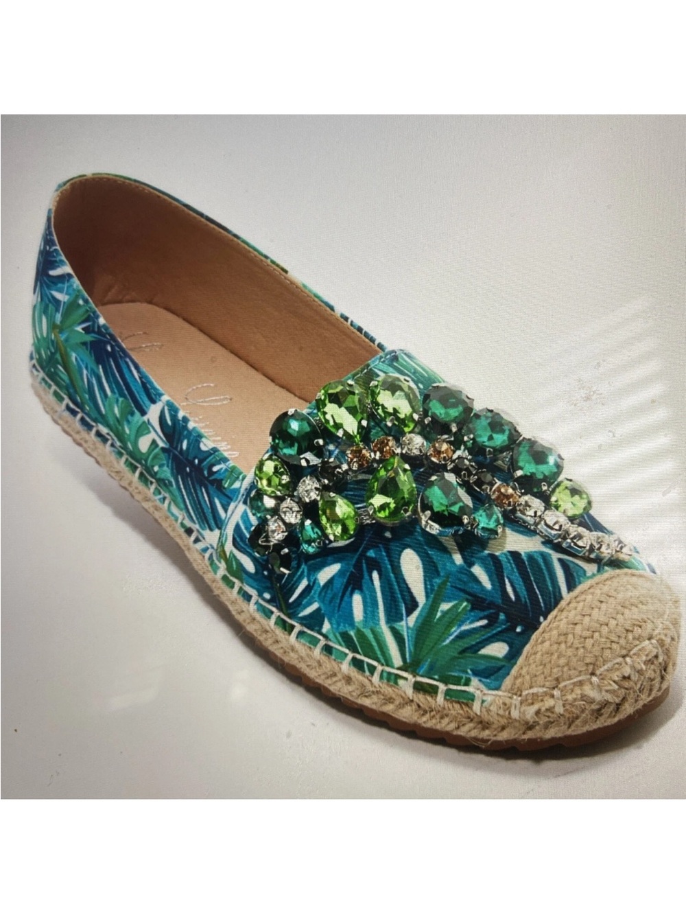 Lauren Lorraine Espadrille Flats Tropical Palm  Crystal Embellished Shoes 8 NIB - Picture 2 of 16